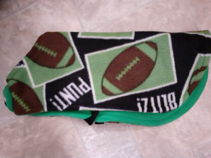 Dog Fleece - Black with Rugby Balls - Green Lining